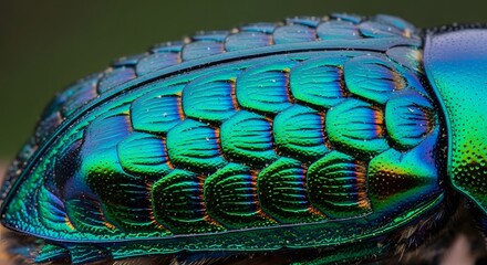 Macro close up iridescent texture jewel beetle shell natural vibrant colors shimmering scales amazing insect exoskeleton detail green blue