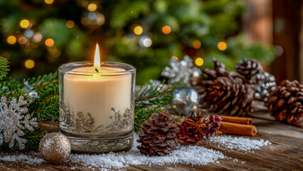 Warmly lit candle surrounded by pine cones, holiday decorations, and spices, creating a cozy atmosphere during the winter season