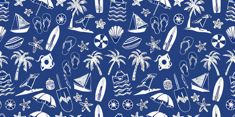 Seamless pattern of white hand drawn summer beach vacation icons on a dark blue background