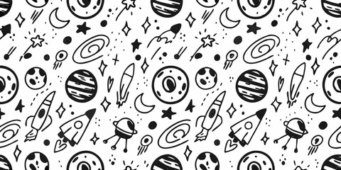 Whimsical hand drawn space pattern featuring planets rockets stars moons and galaxies