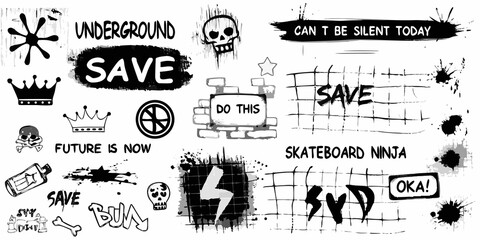 Urban street art collage with skulls crowns graffiti and motivational phrases