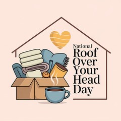 National roof over your head day illustration with a box of essential items