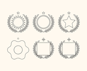 Collection of six handdrawn laurel wreath frames with different shapes including a star, circle, and sunburst