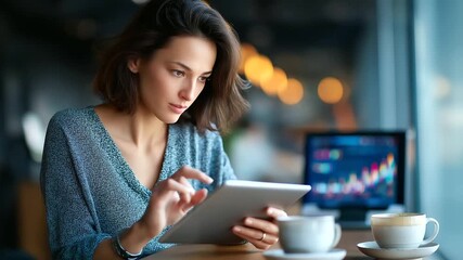 A social media manager in a sleek office monitors real time engagement on a tablet colorful graphs showing user interactions her desk adorned with a coffee mug and a digital - Powered by Adobe