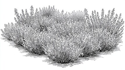 Ink drawing of lavender bushes high angle view botanical illustration