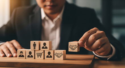 Building Business Team: Hand Placing Blocks with People Icons - Teamwork Concept