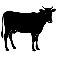 Silhouette of a standing horned cow on transparent background