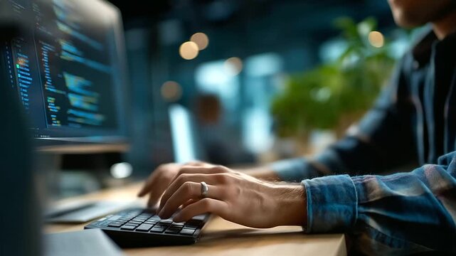 A startup programmer leverages AI tech on a PC typing rapidly screens showing algorithm progress a cluttered desk with code printouts AI tech startup competitive edge rapid