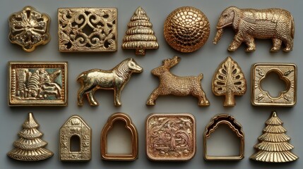 Shiny gold decorative objects display animals trees abstract shapes on neutral background.