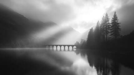 A monochrome landscape with fog and bridge arches against a backdrop of mountains and forest conveys the mystery and tranquillity of nature. Suitable for articles on travel, meditation,  