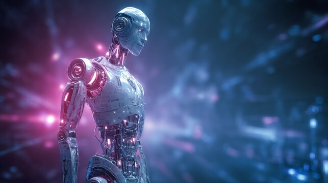 Futuristic Robot with Neon Circuit Background in High-Tech Digital Environment
