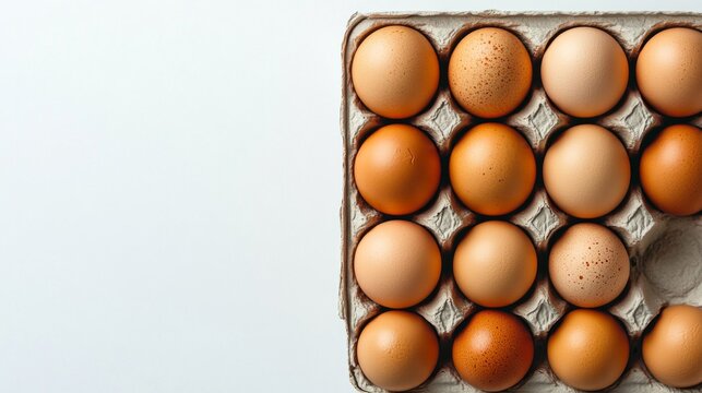 A tray of chicken eggs on a white background.
Suitable for food blogs, farm product advertising, articles on healthy eating, and food packaging design.
