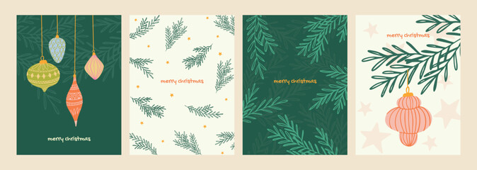 Minimalist Christmas cards set with hand-drawn ornaments and pine branches. Perfect for holiday invitations, gretting cards or social media posts