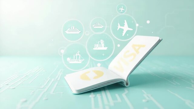 Modern passport with digital visas displayed as holographic icons above it. The background features abstract circuit-board patterns and faint outlines of airplanes and ships