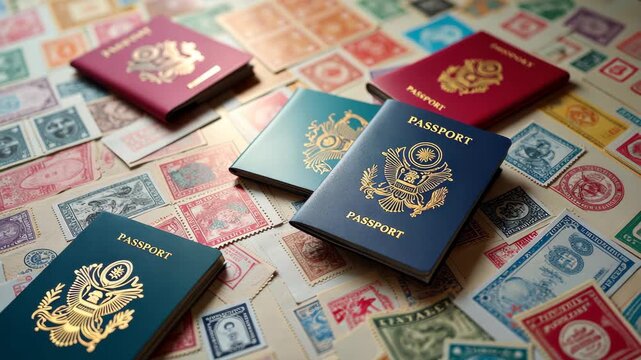 A visually striking image of colorful passports scattered across a vivid, chaotic background of paperwork, stamps, and official documents. Hues of stamps, creating a sense of overwhelming bureaucracy.