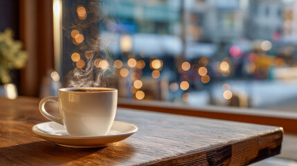 Warm cup of coffee steamed in the cozy café with a vibrant city backdrop illuminated by twinkling lights during a lovely afternoon