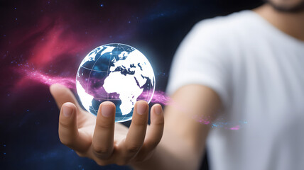 Powerful hand holding a glowing globe with energy, representing global connection, innovation, and future technology in a dynamic and modern way