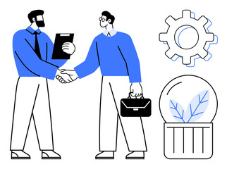 Two professionals shaking hands, gear icon symbolizing efficiency, and a terrarium for eco-focus. Ideal for teamwork, collaboration, sustainability, innovation, growth, management and connection