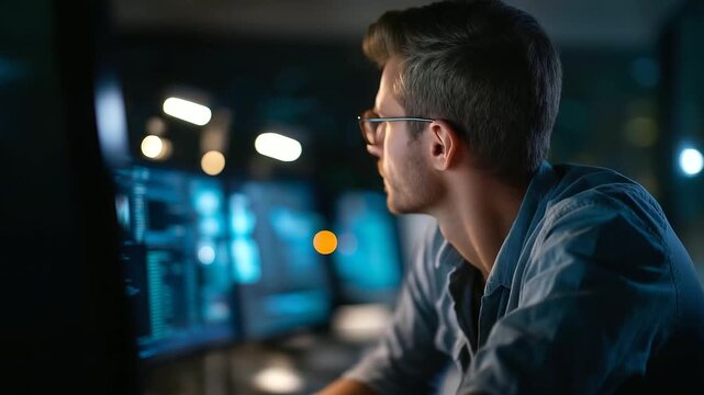 A cybersecurity engineer mitigates attempted DDoS attacks using AI driven defense tools dashboards visualizing network traffic and resilience metrics secure infrastructure