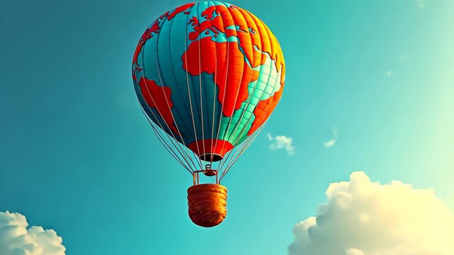 A symbolic depiction of a vibrant hot-air balloon shaped like a globe, entangled in thick, vivid ropes. The ropes represent obstacles, while the bright sky background symbolizes hope and aspiration  
