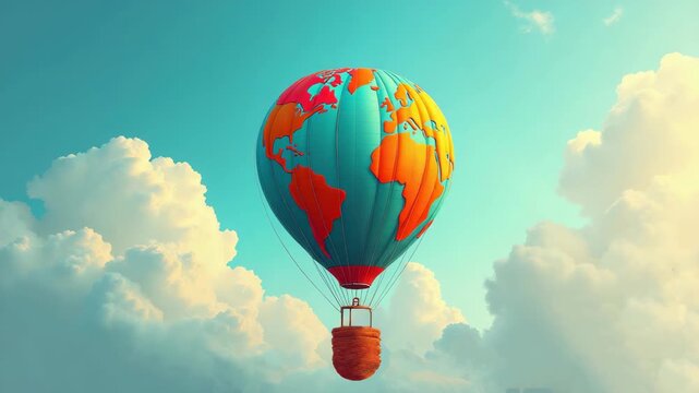 A symbolic depiction of a vibrant hot-air balloon shaped like a globe, entangled in thick, vivid ropes. The ropes represent obstacles, while the bright sky background symbolizes hope and aspiration  
