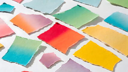 Scattered Torn Paper Pieces with Colorful Gradients on White Background Keywords: paper, torn paper, paper pieces, colorful paper, gradient paper