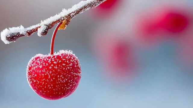 Red cherry on frost-covered branch in winter scenery  