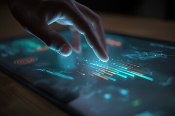 Hands interacting with tablet displaying layered analytics dashboards and digital KPIs, finger swiping touchscreen