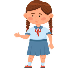 Smiling Young Girl With Brown Pigtails Wearing A White School Uniform With A Blue Skirt And Red Shoes Waving Hello On A Transparent Background