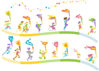 トーチをつなぎ、希望の火を受け渡すランナーたち — 挑戦と連携の象徴となるベクターイラスト
