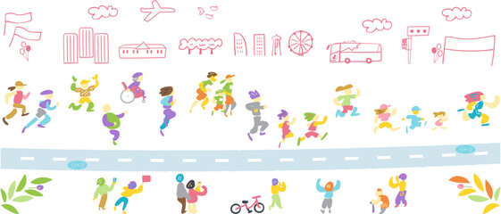 街を駆け抜ける多様な市民ランナー — 希望と未来を走り続ける象徴的イラスト
