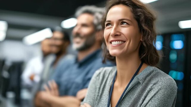 Cheerful data center coworkers implement AI predictive maintenance systems screens showing hardware diagnostics server racks glowing a collaborative vibe AI predictive