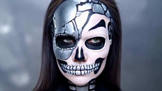 A woman's face, split, one side robotic, the other a painted skeletal