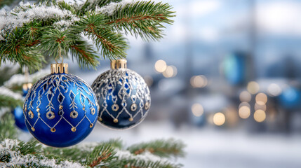 Winter charm and festive spirit captured in delicate blue ornaments hanging from a snow-dusted pine tree in a cozy holiday setting