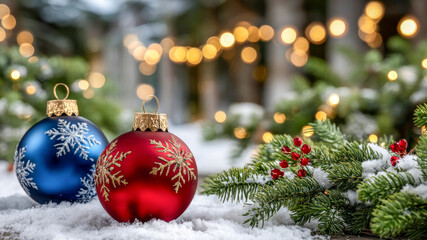 Festive holiday decorations with blue and red ornaments nestled in snow, surrounded by evergreen branches and soft golden lights in a cozy outdoor setting