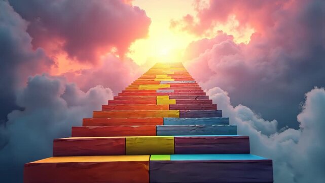 A vibrant image showing a rainbow-colored staircase with missing steps, symbolizing the incomplete and difficult process of integration. 