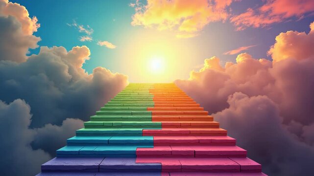 A vibrant image showing a rainbow-colored staircase with missing steps, symbolizing the incomplete and difficult process of integration. 