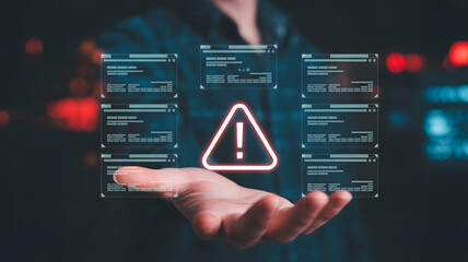 Urgent cybersecurity threat detected with flashing warning sign and data alerts showcased in hand, calling for immediate action and digital protection
