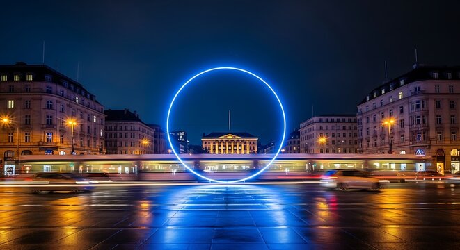 Futuristic urban landscape featuring a neon ring in Vienna at night with light trails