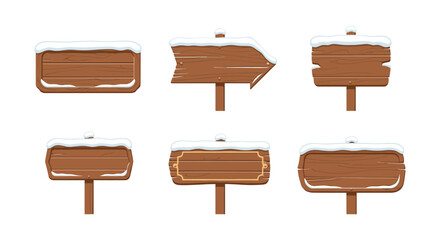 Snow-capped wooden signboards set with arrow direction isolated on white background