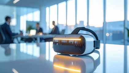 Virtual reality headset on desk in modern office with business team in background symbolizing technology and innovation