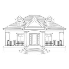 Architectural line drawing of a two story house with dormer windows and a porch home building