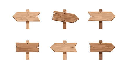 Collection of wooden directional signs with arrows and planks