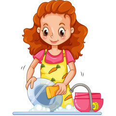 Smiling young woman with auburn curly hair wearing a yellow carrot print apron washing a glass bowl...