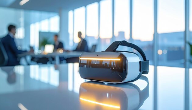 Virtual reality headset on desk in modern office with business team in background symbolizing technology and innovation