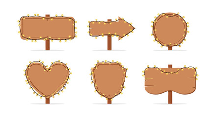 Rustic wooden signs with festive lights in various shapes