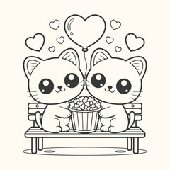 Cute cartoon cats sitting on a bench sharing popcorn under a heart balloon, perfect for valentines day or love themes