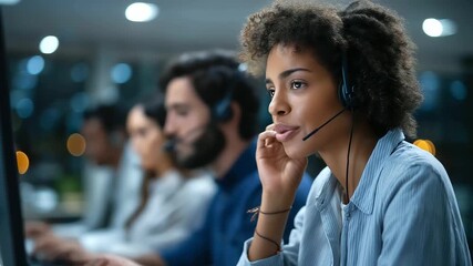 A multiethnic call center team uses AI chatbots on computers for multilingual support screens displaying translated client queries headsets on office buzzing with activity AI - Powered by Adobe