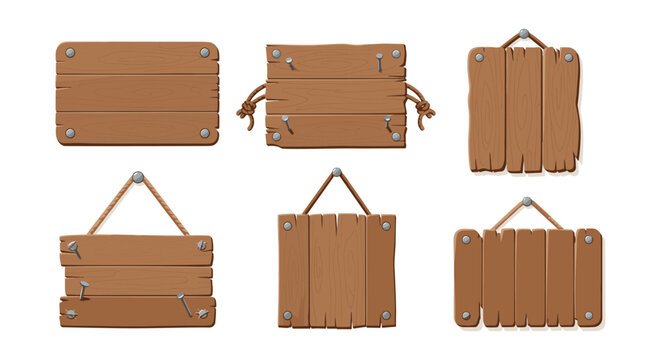 Rustic wooden sign collection with rope and nail accents in a cartoon style