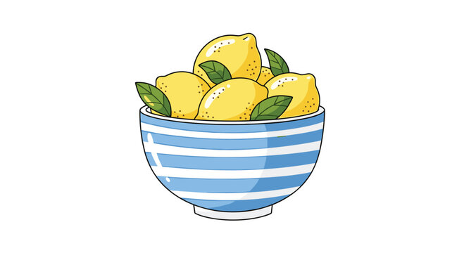 Bright yellow lemons with green leaves fill a charming blue and white striped bowl, perfect for vibrant, fresh culinary or decorative themes